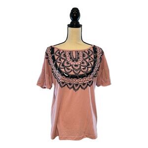 City Hearts Women's Pink Lace Graphic Print Beaded Short Sleeve Shirt Medium